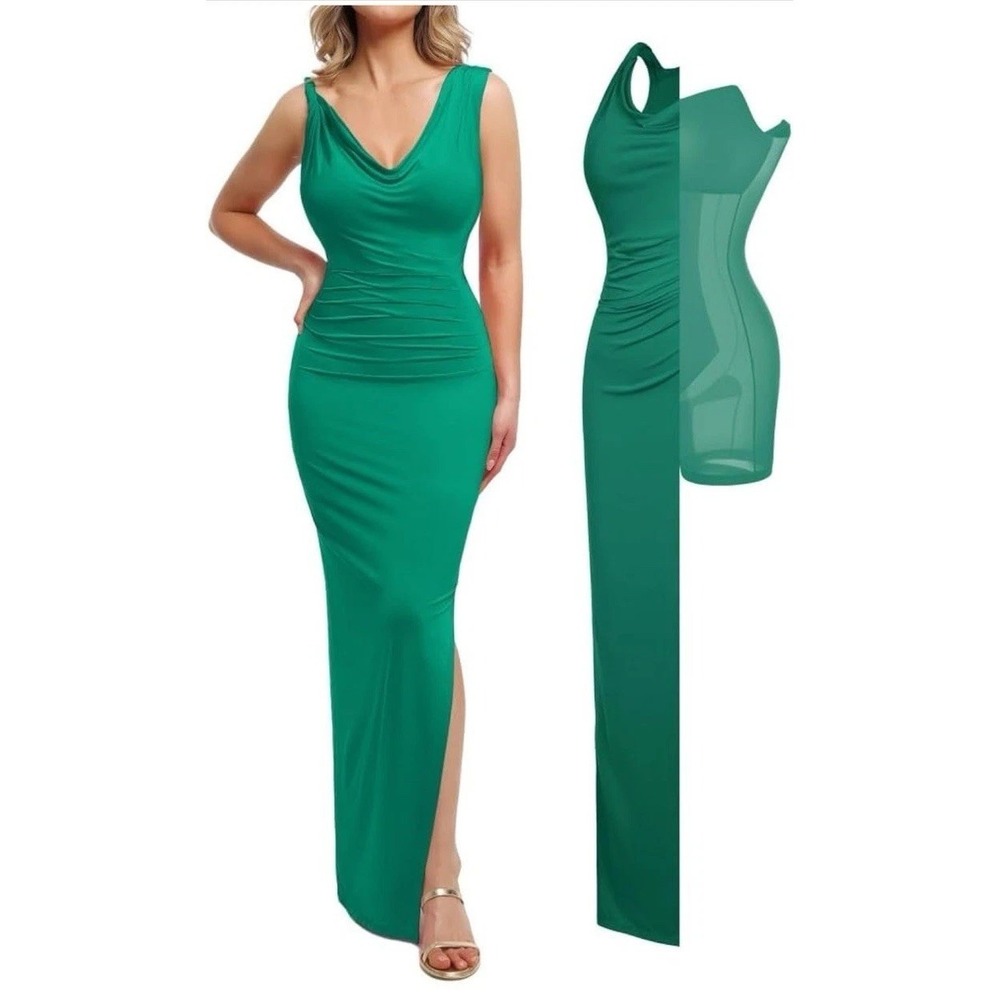 NWT Popilush Green Built-In Shapewear Maxi Dress Medium Convertible Slit